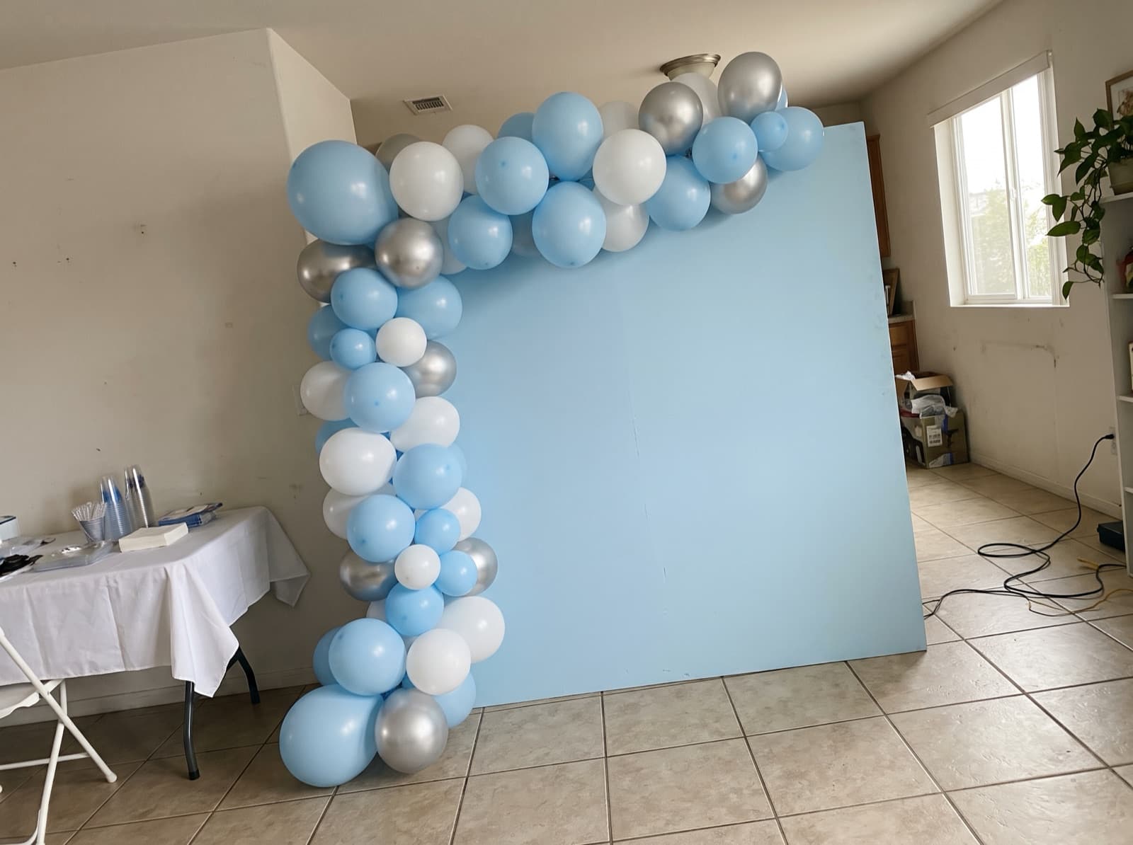 Baby blue square backdrop with a garland climbing one side