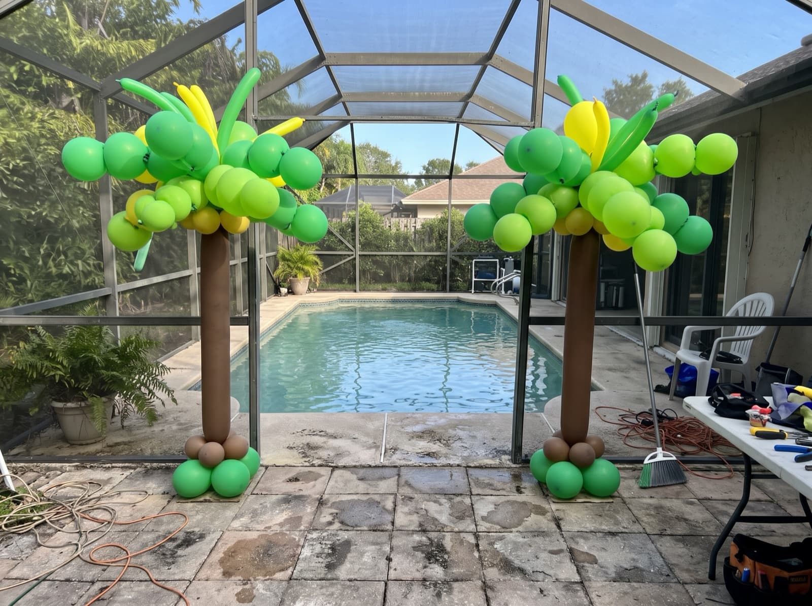 Balloon palm trees beside a pool
